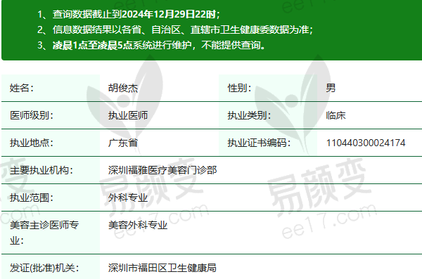 深圳福雅医疗美容门诊部胡俊杰医生资质正规：