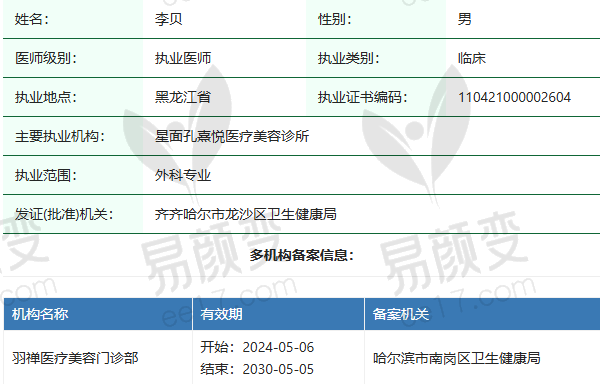 哈尔滨羽禅医疗美容门诊部李贝医生资质正规