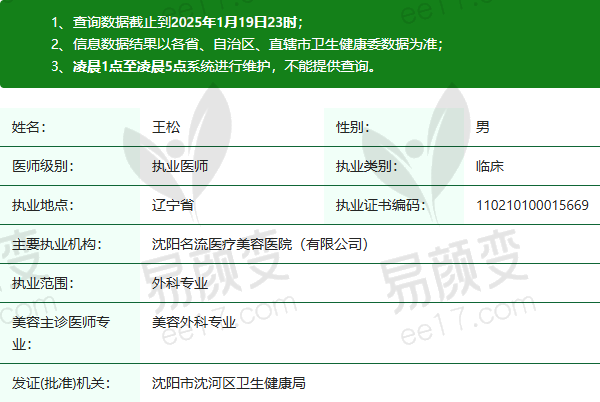 沈阳名流医疗美容医院王松医生资质正规：