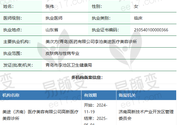 济南美途医疗美容诊所张伟医生资质正规