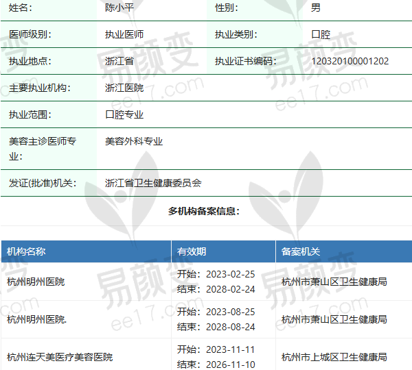 杭州连天美医疗美容医院陈小平医生资质正规